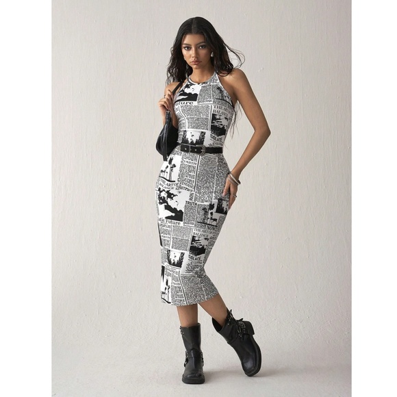 Newspaper Print Tank Dress Midi Fitted Sleeveless Stretchy - Picture 5 of 16